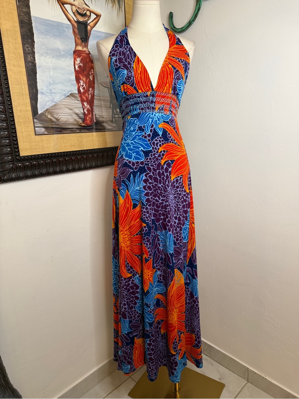Moda International Tropical Floral Halter Maxi Dress XS Blue Orange Smocked